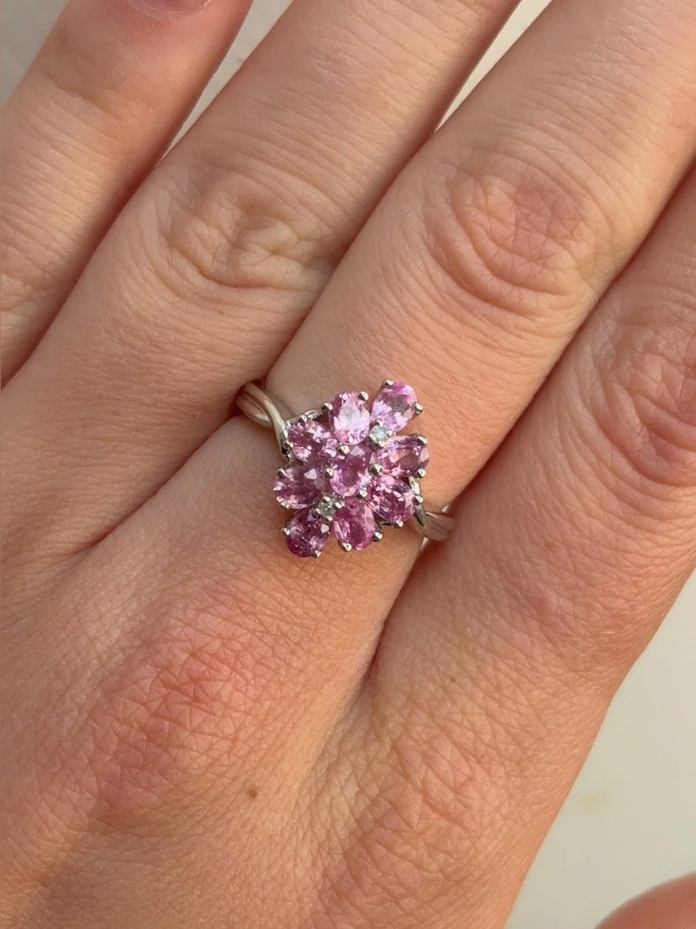 10k White Gold Diamond Pink Topaz Gemstone Cluster Cocktail Ring